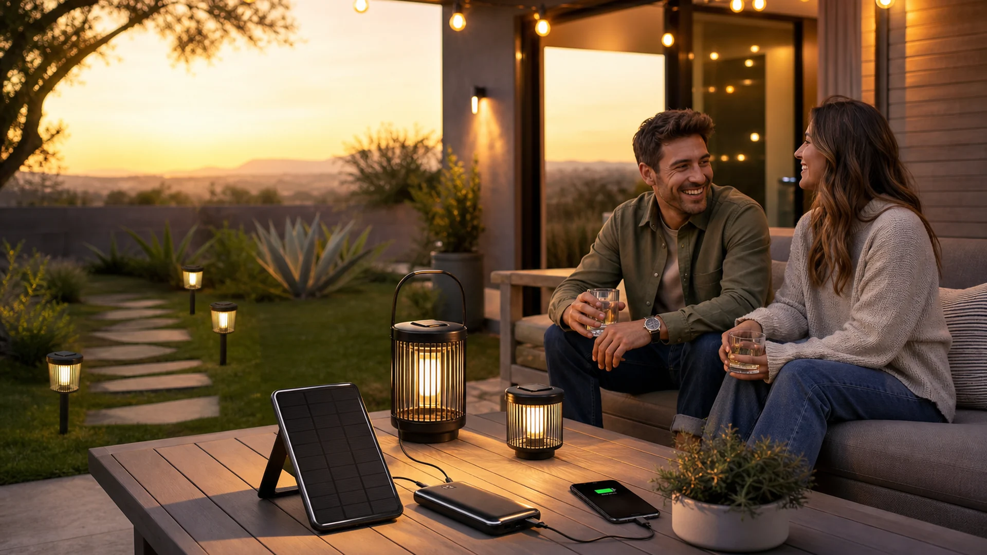 Backyard patio with solar lights and portable solar gear at golden hour